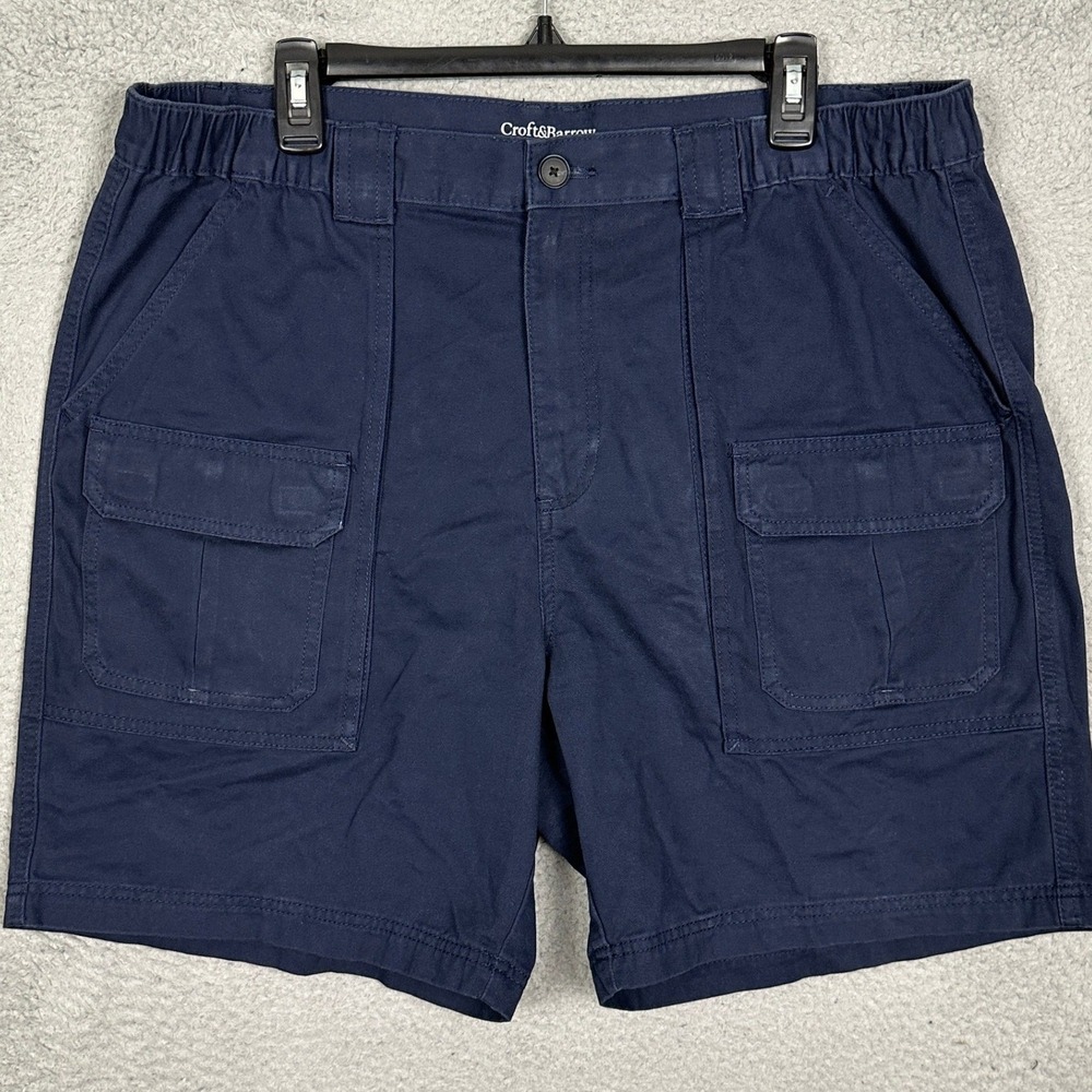 Croft Barrow Shorts Mens 38 Navy Blue Cargo Safari Pocket Stretch Waist Outdoor